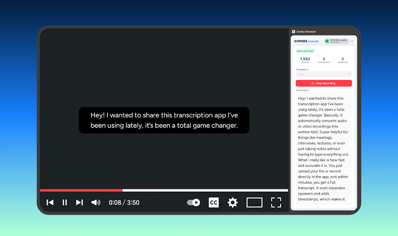 Soniox browser extension showing live captions overlayed on a video